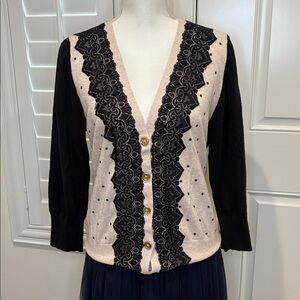 Charlotte cotton mix print button down cardigan with lace trim black/beige